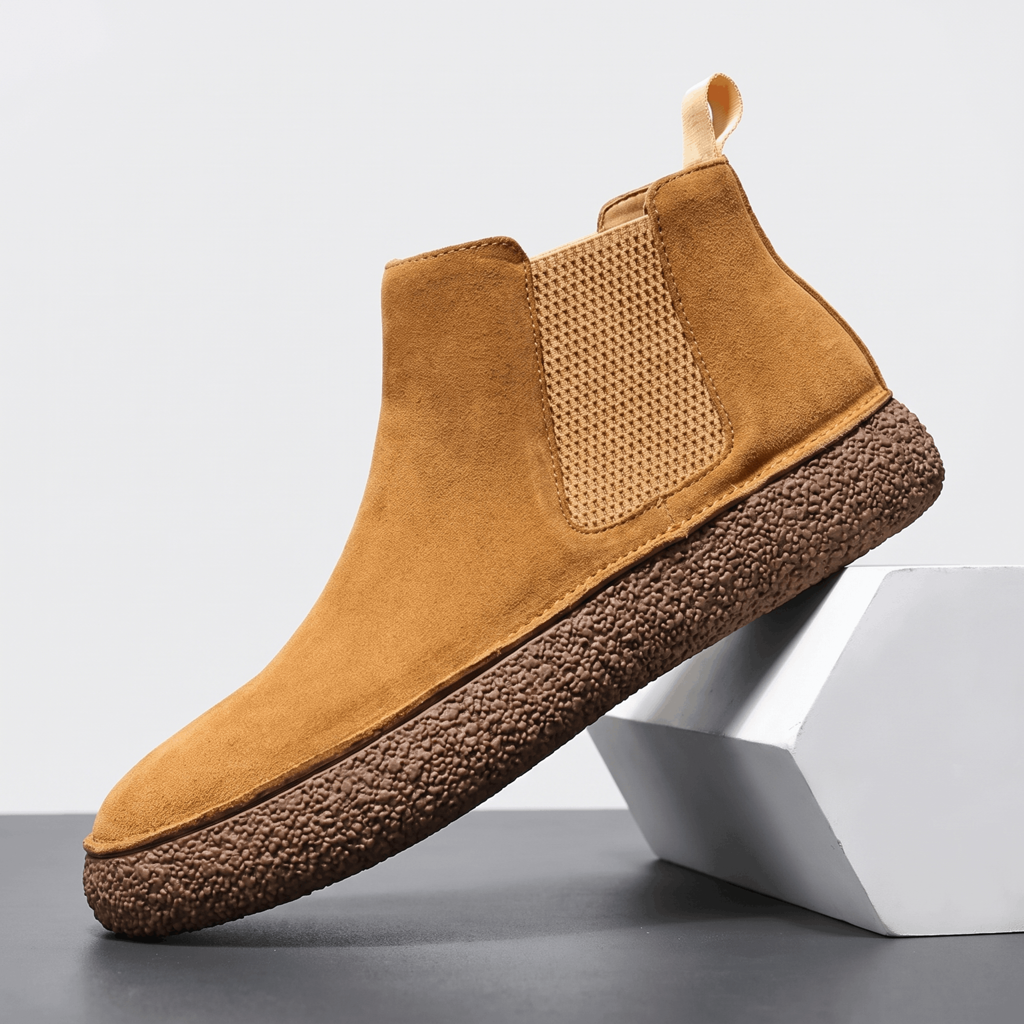 Single brown suede Chelsea boot with elastic side panels, pull tab, and thick textured rubber sole displayed on a white pedestal.