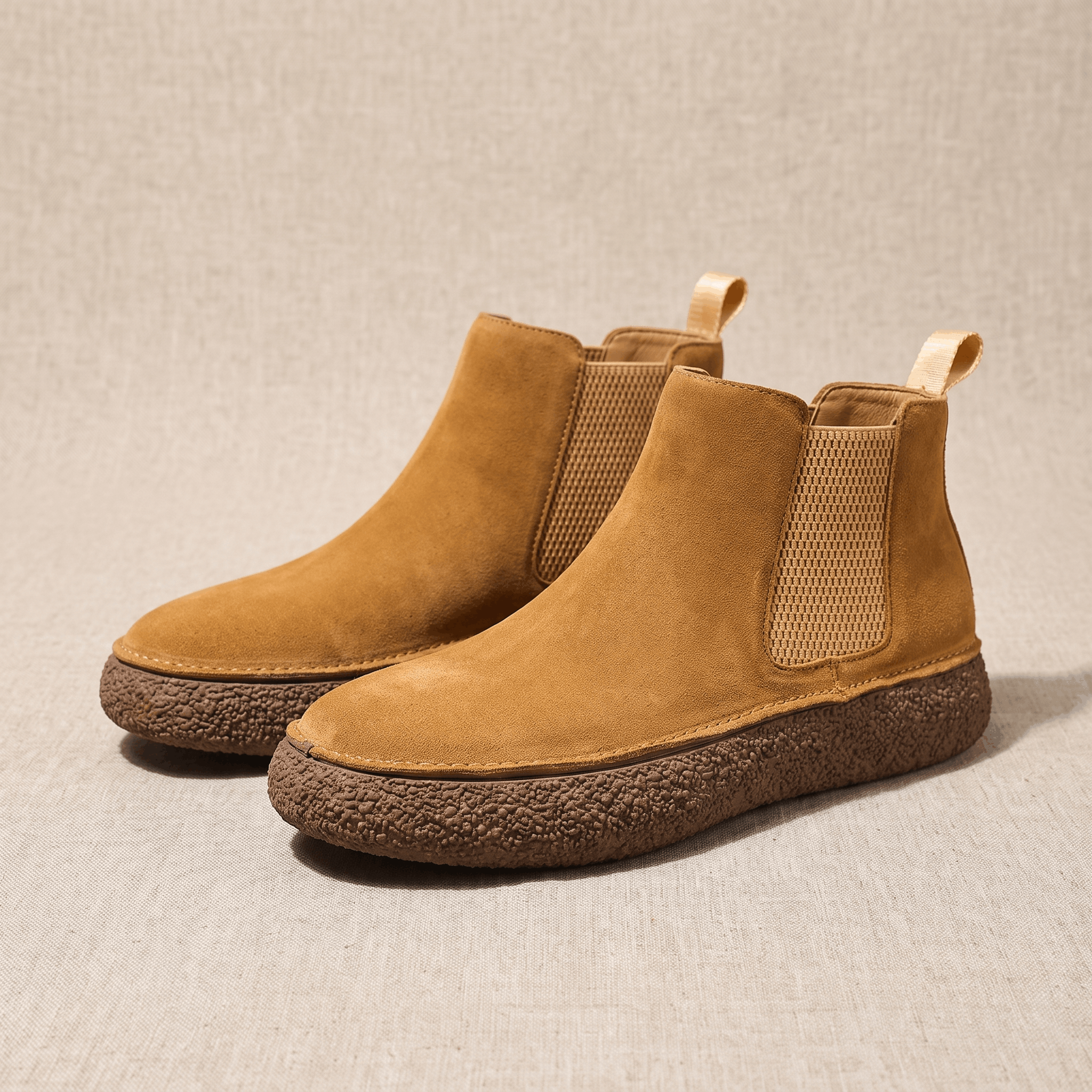 Pair of brown suede Chelsea boots featuring elastic side panels, pull tabs, and thick textured soles.