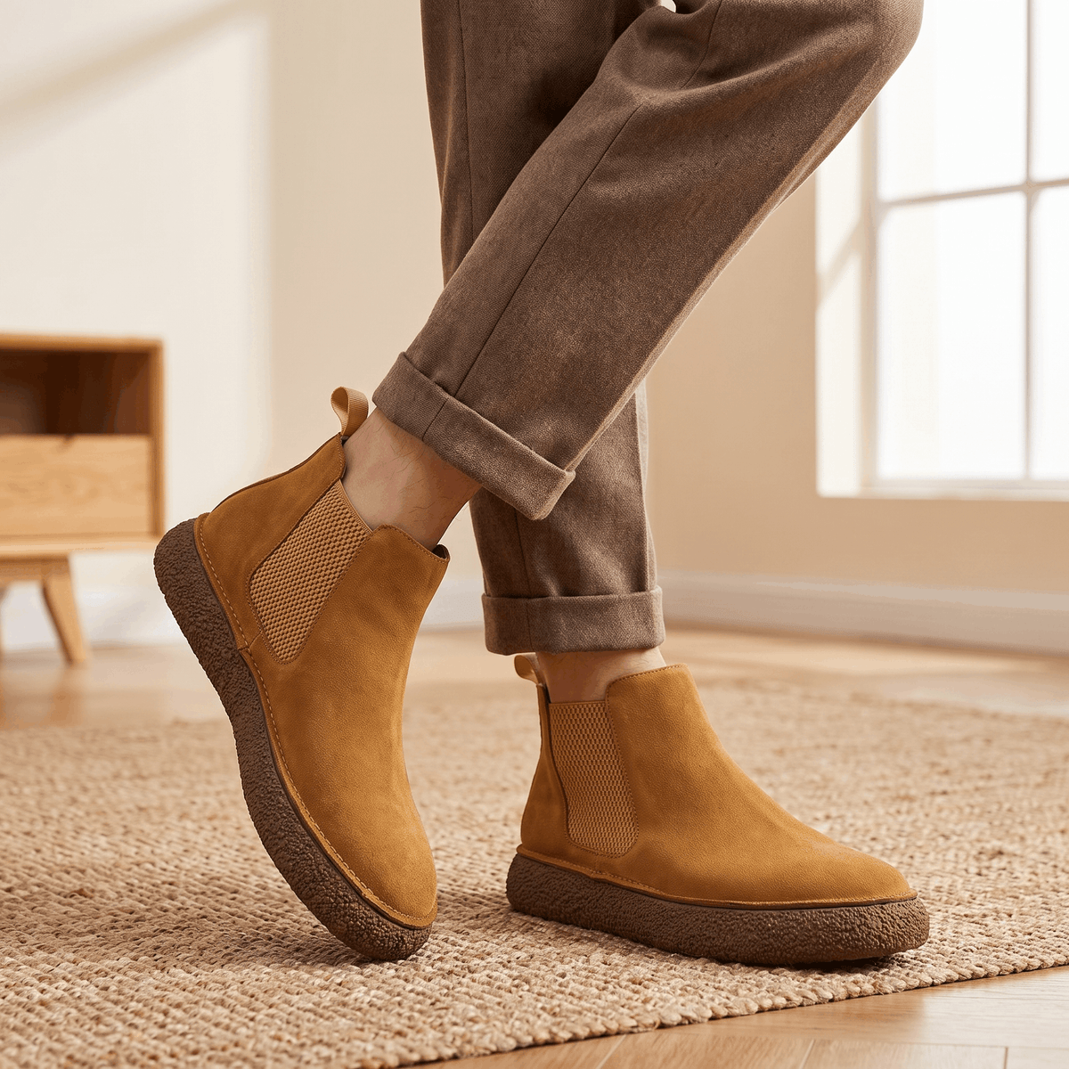 Person wearing brown suede Chelsea boots with rolled-up trousers, showing the elastic side panels and crepe soles.