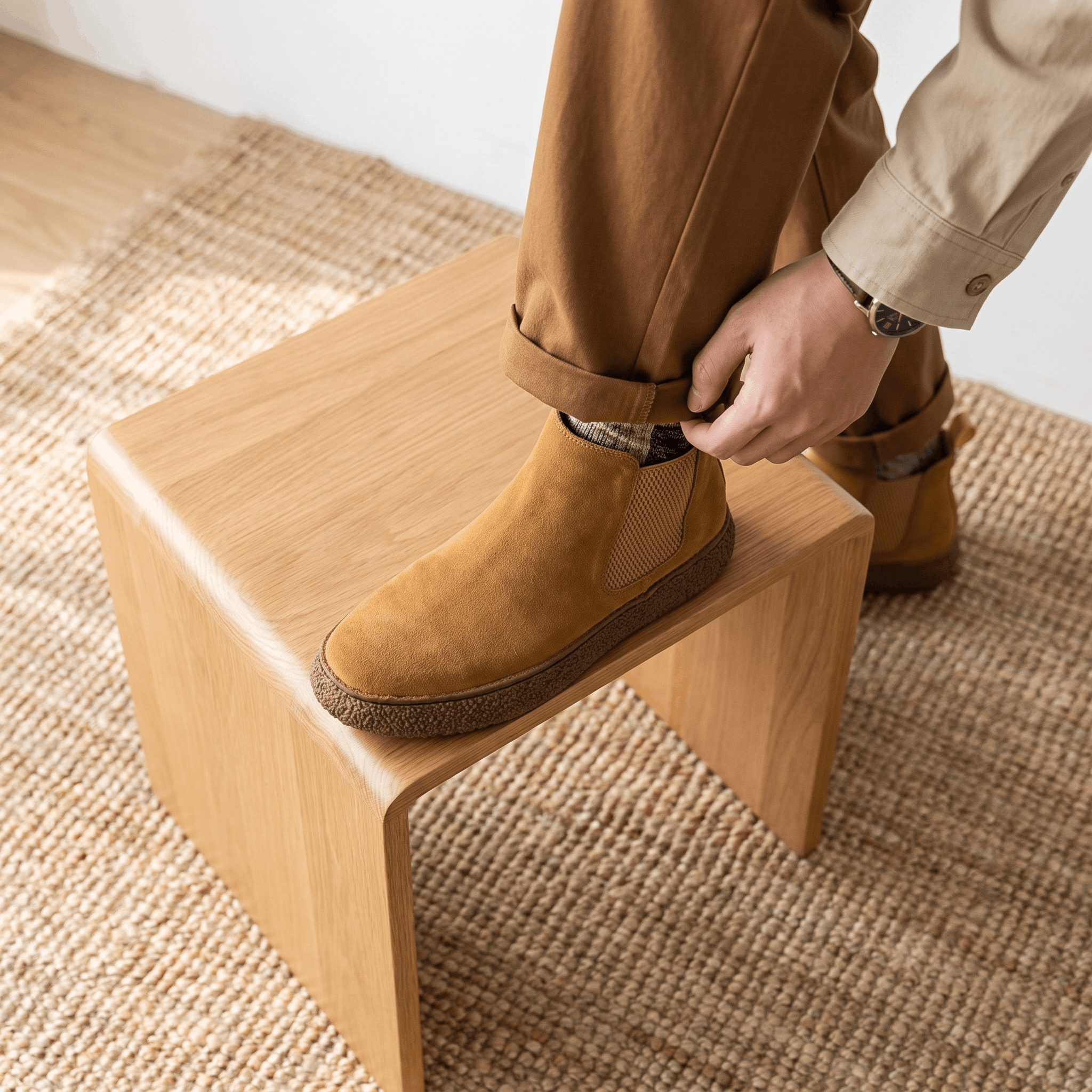 Person putting on a brown suede Chelsea boot while seated on a wooden stool.