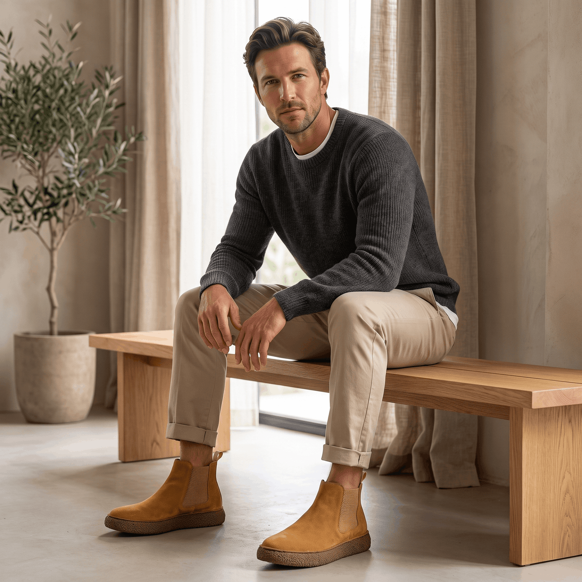 Man seated indoors wearing brown suede Chelsea boots with light-coloured trousers.