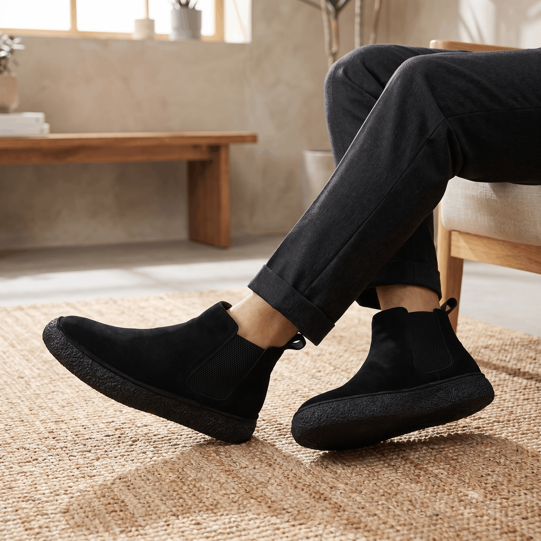 Person wearing black suede Chelsea boots with dark trousers while seated, showing the side profile and crepe soles.