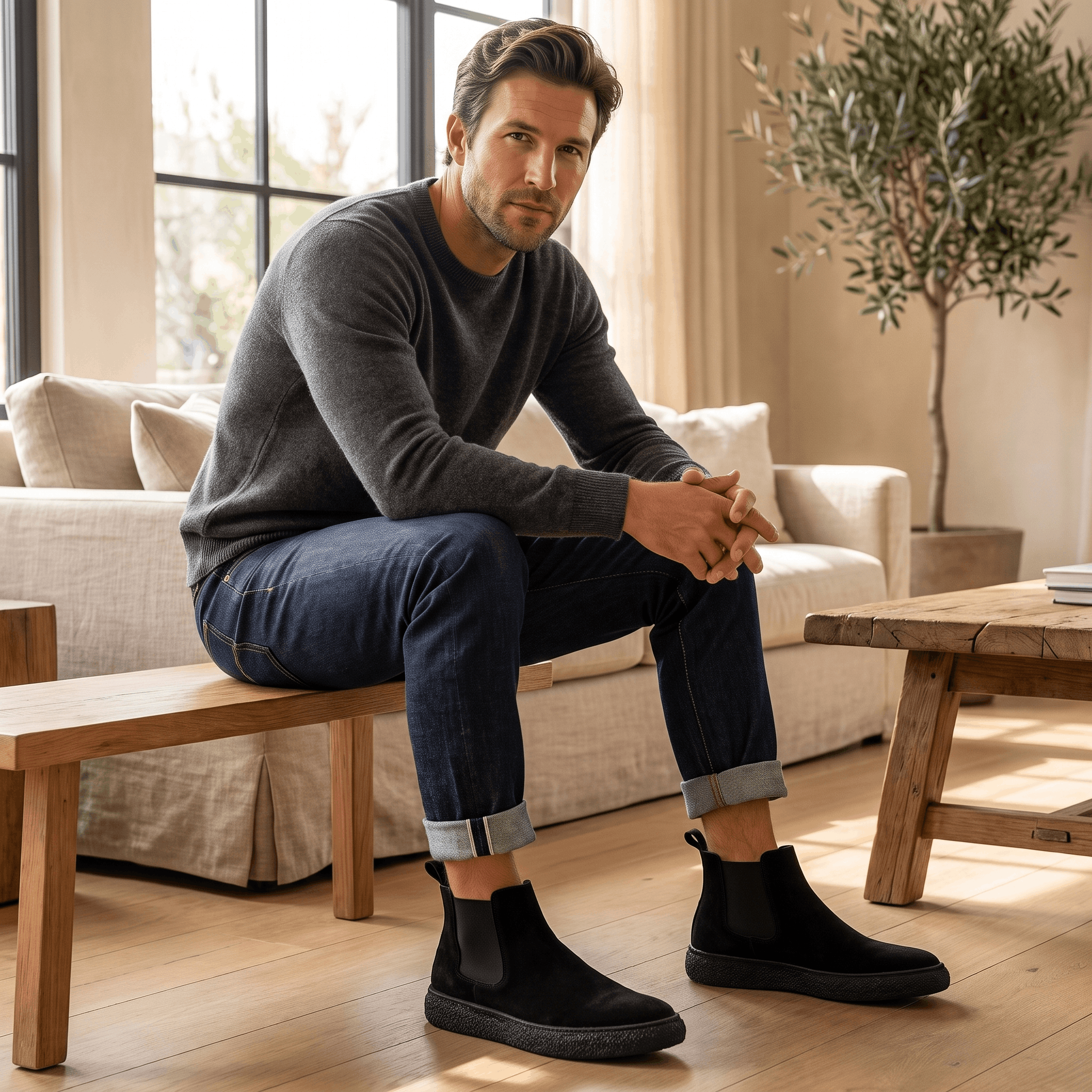 Suede Chelsea boot with twin elastic side panels and a flat crepe sole.