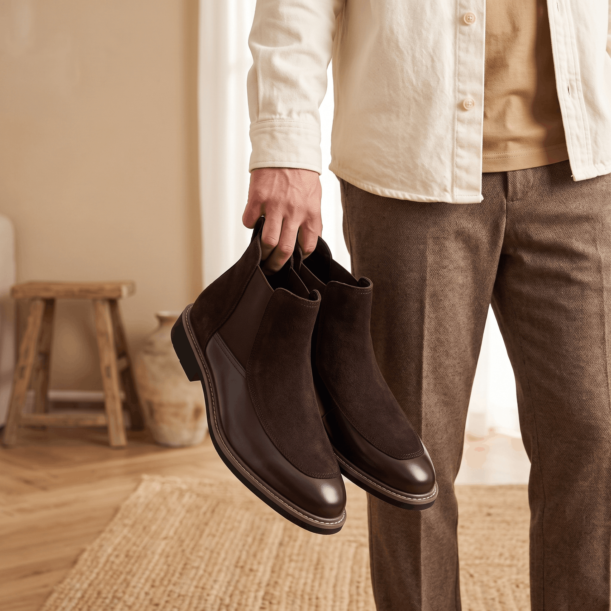 Dark brown suede Chelsea boots with polished leather toe caps, elastic side gores, and welt stitching held by hand.