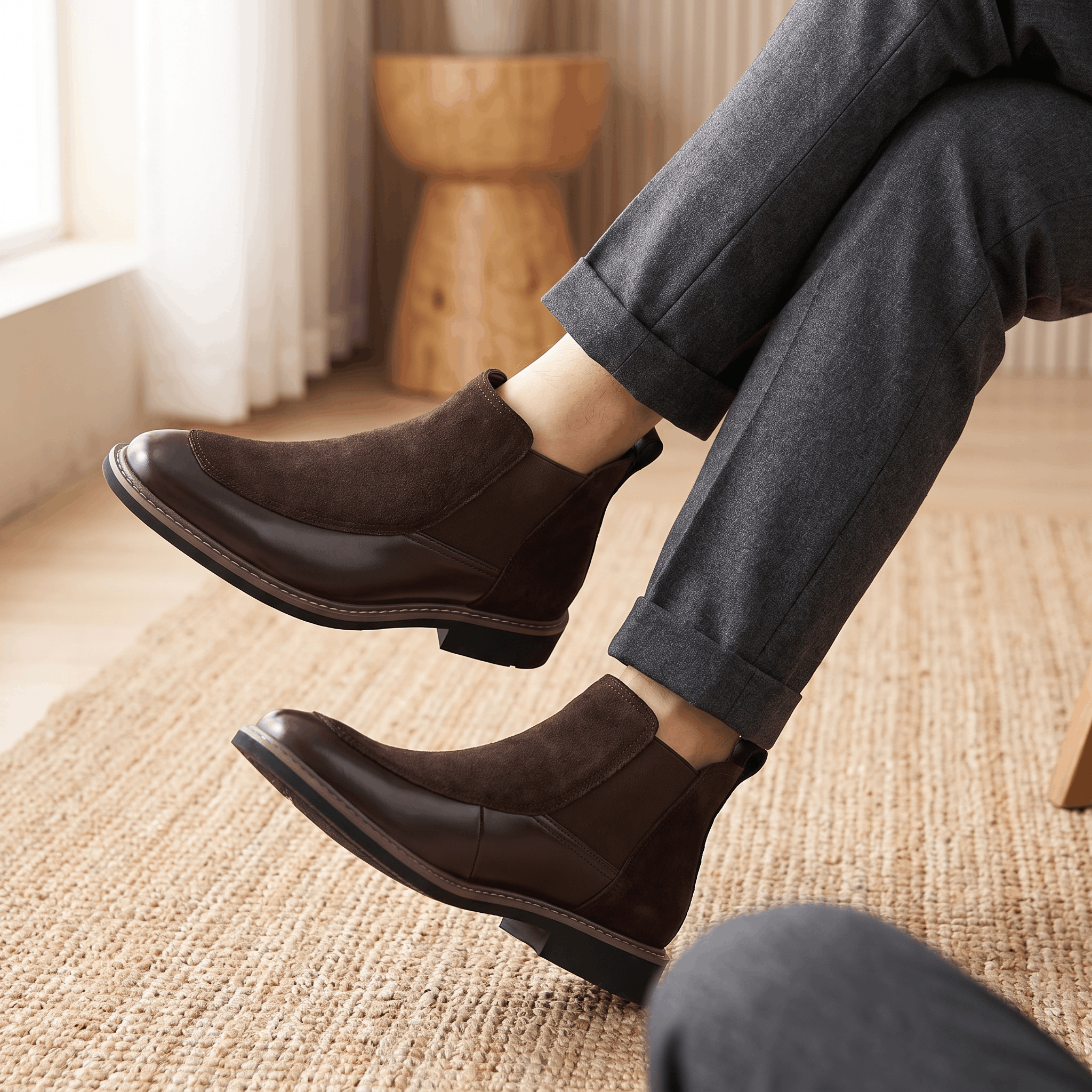 Dark brown suede and polished leather Chelsea boots with elastic side gores, welt stitching, and a stacked heel.