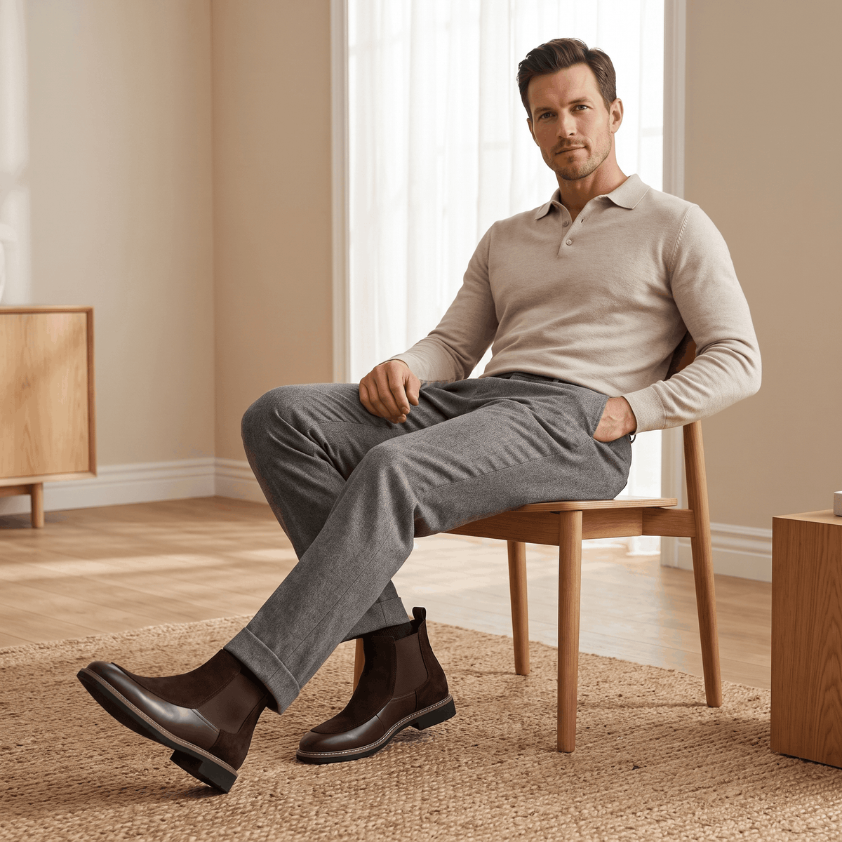 Dark brown suede Chelsea boots with polished leather toe caps, elastic side gores, and a stacked heel worn with grey trousers.