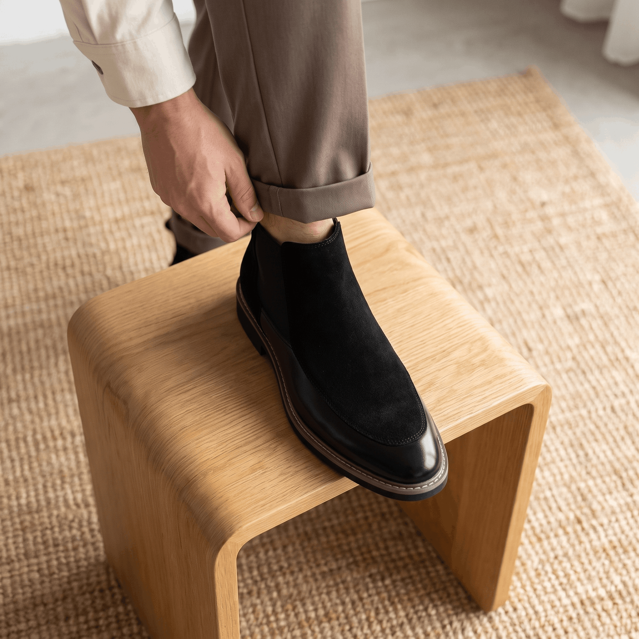 Black suede and polished leather Chelsea boot with almond toe, welt stitching, and stacked heel resting on a wood stool.