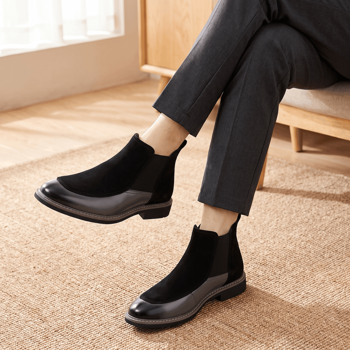 Black suede Chelsea boots with polished leather toe caps, elastic side gores, and welt stitching on a stacked heel.