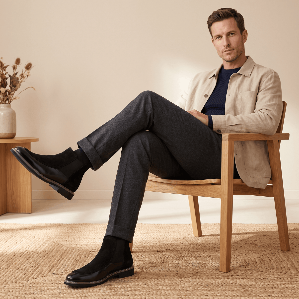 Black suede Chelsea boots with polished leather toe caps, elastic side gores, and welt stitching worn by a seated man.