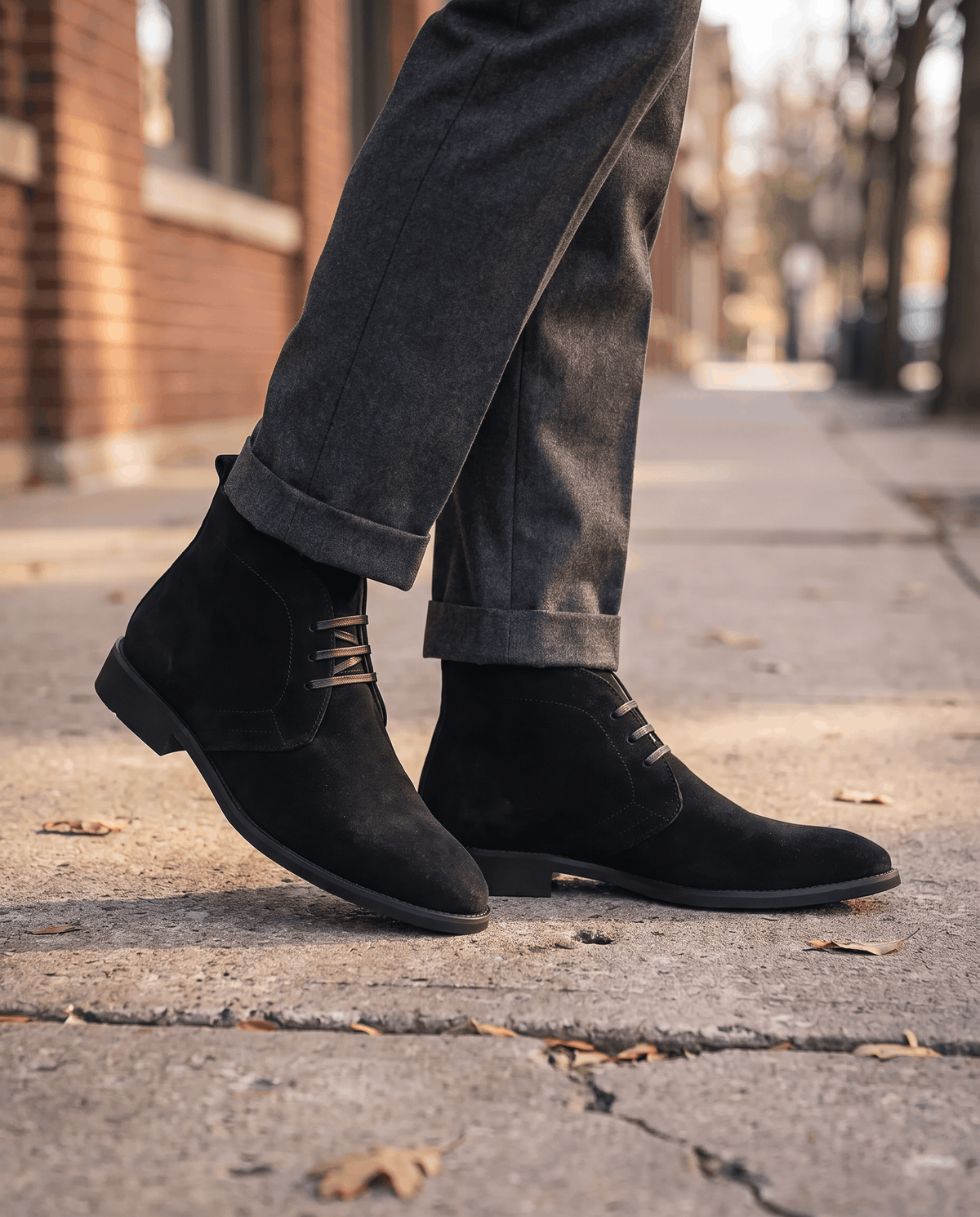 Man walking on a pavement in black suede chukka boots and gray trousers.