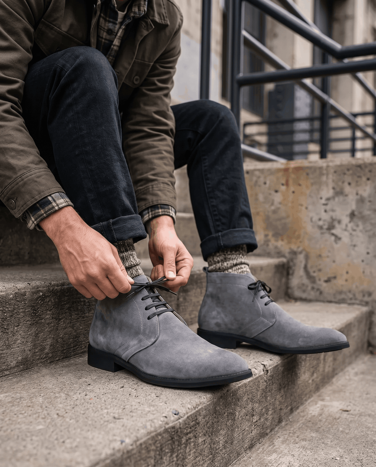Man tying the laces of gray suede chukka boots while seated on steps.