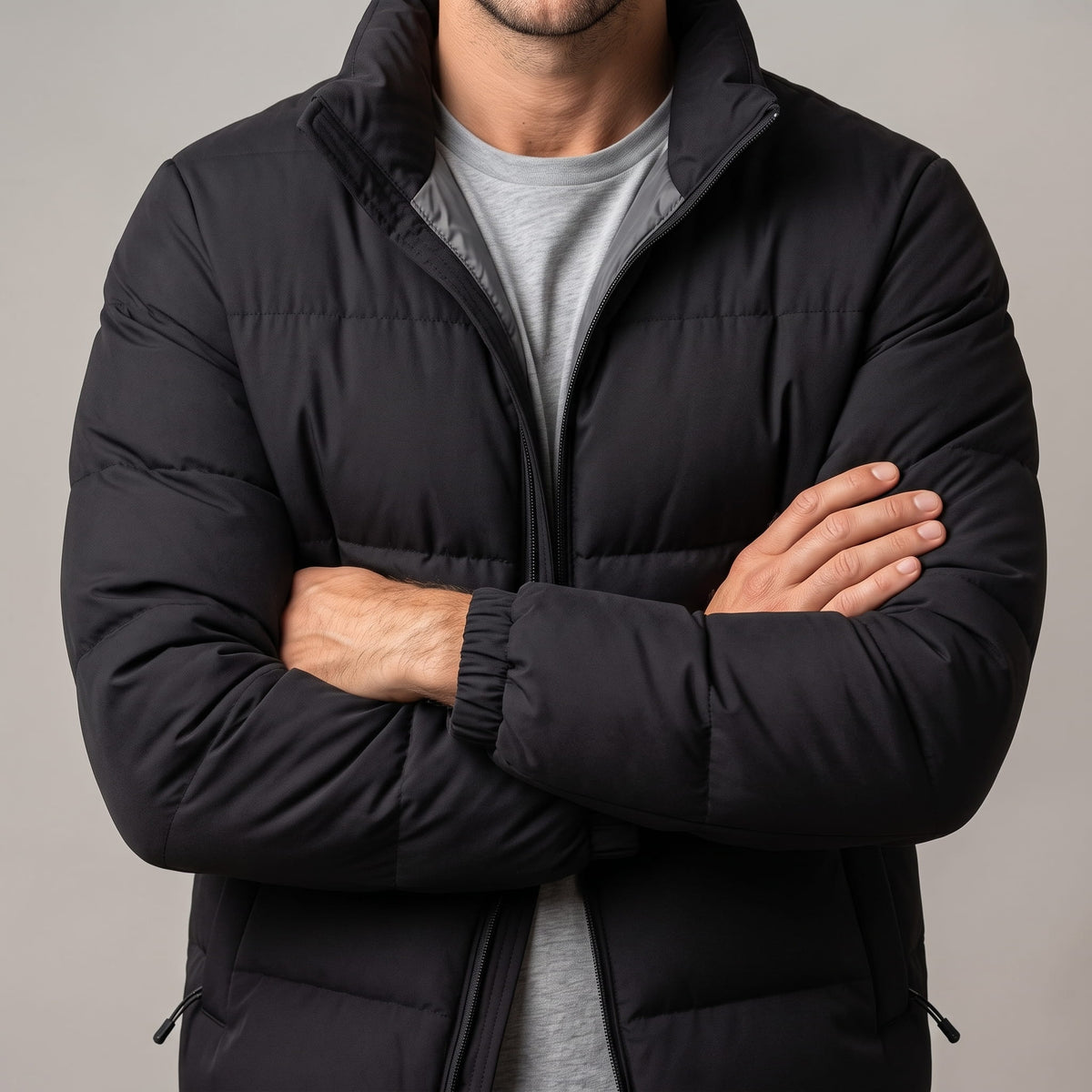 Black jacket torso with arms crossed over a grey tee, zip pockets at the hip