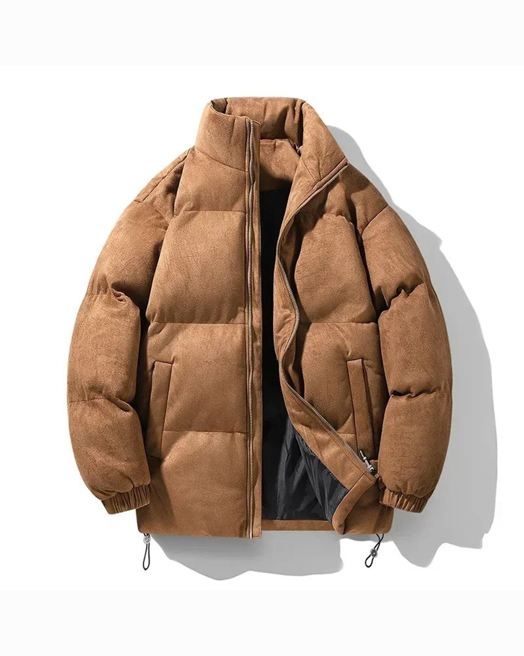 Flat shot of the brown jacket unzipped, drawcord toggles visible at the hem