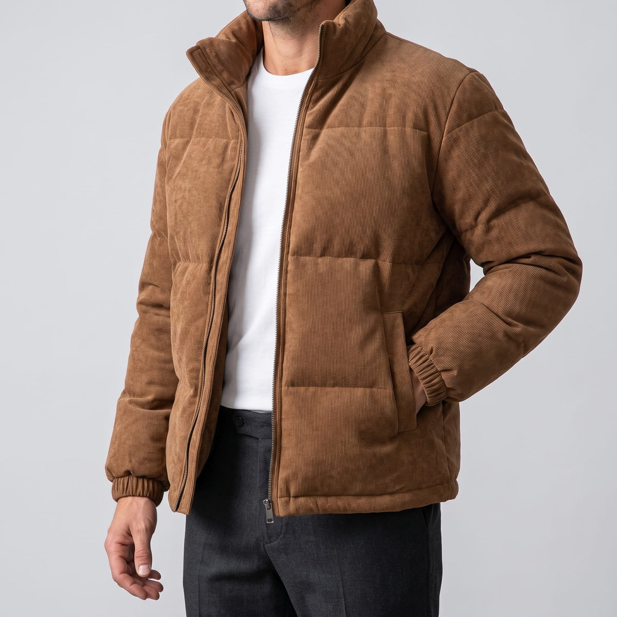 Brown jacket torso showing the napped shell texture and square quilted blocks