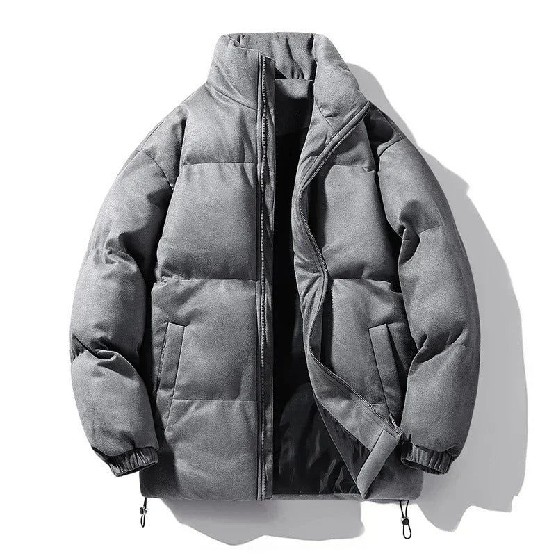 Flat shot of the gray jacket open, showing the lining and hem drawcord