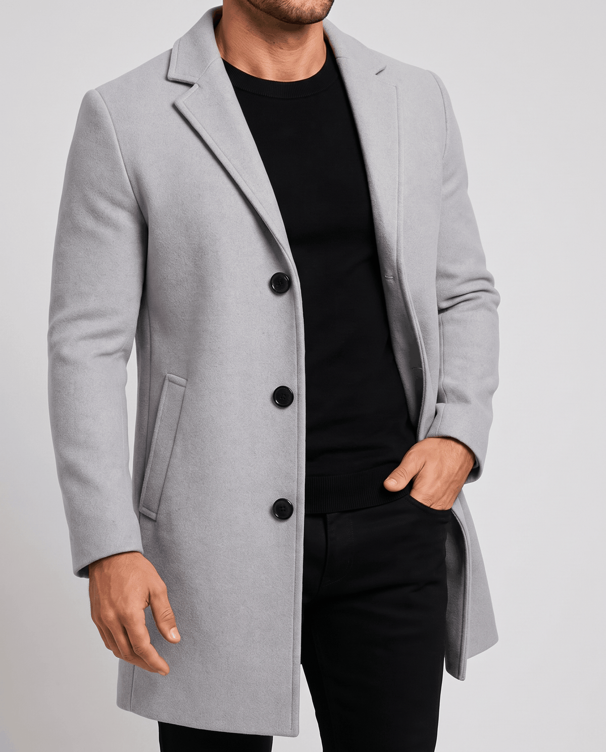 Side view of the light gray overcoat with notch lapel and button front
