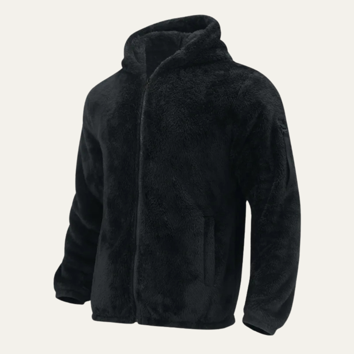 Black full-zip jacket laid flat showing hood and pockets