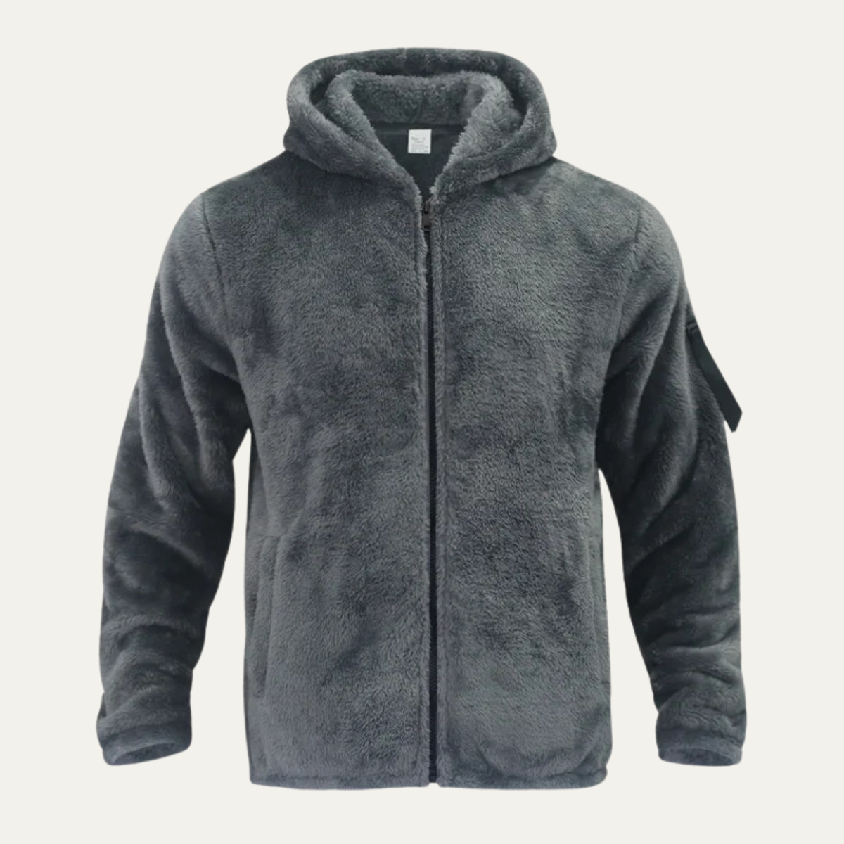 Gray jacket laid flat showing full zipper and sleeve pocket