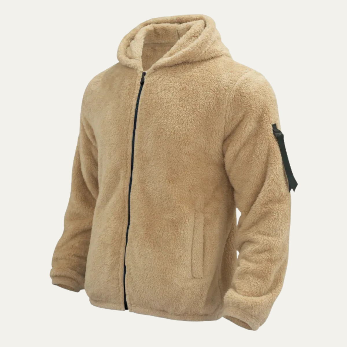 Khaki jacket laid flat with left sleeve zip pocket visible