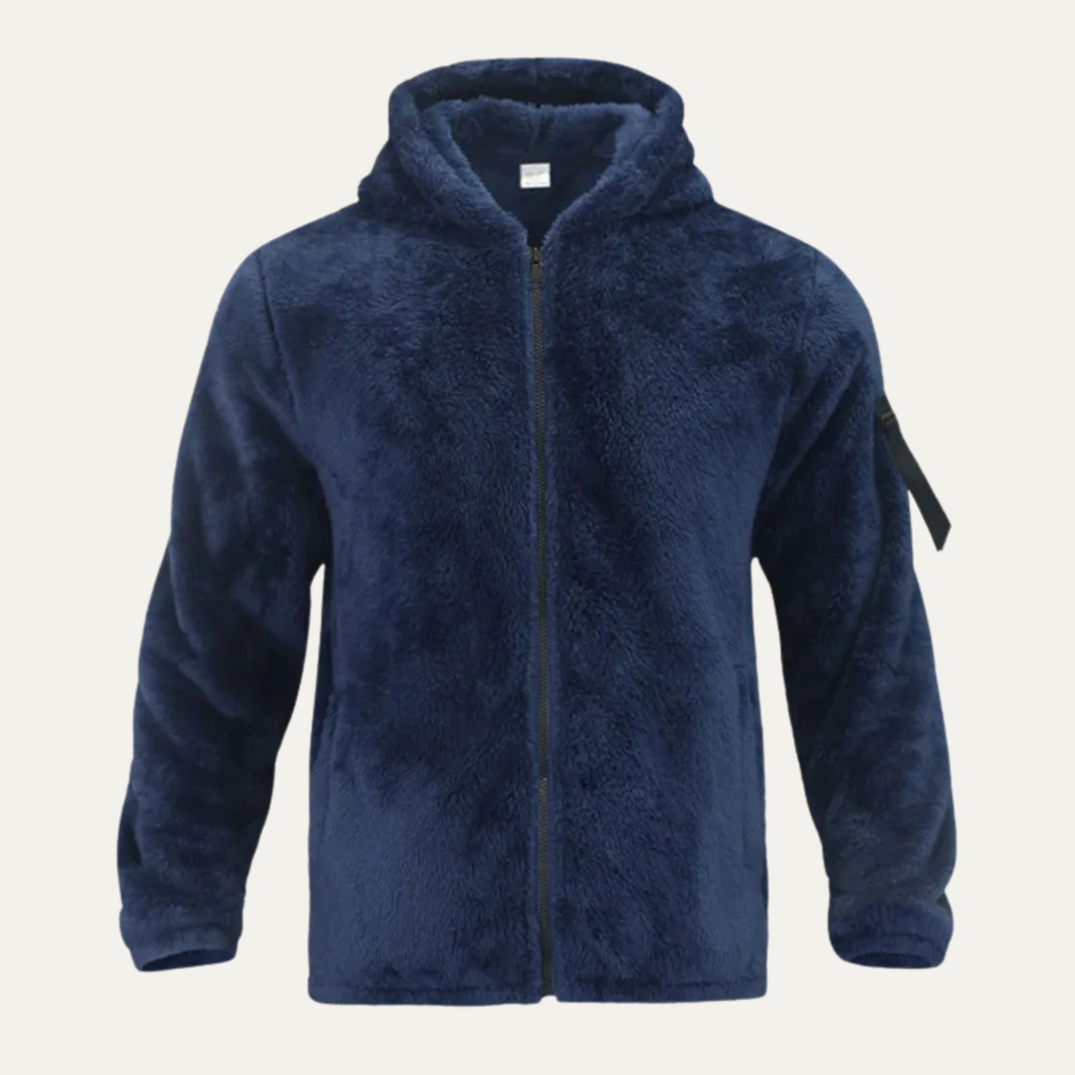 Navy jacket laid flat with left sleeve zip pocket visible