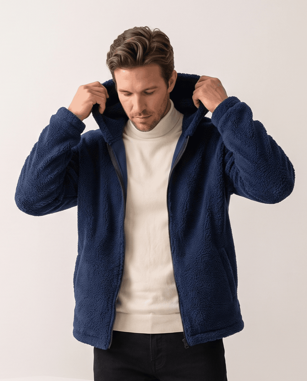 Navy jacket with hood pulled up over a cream turtleneck