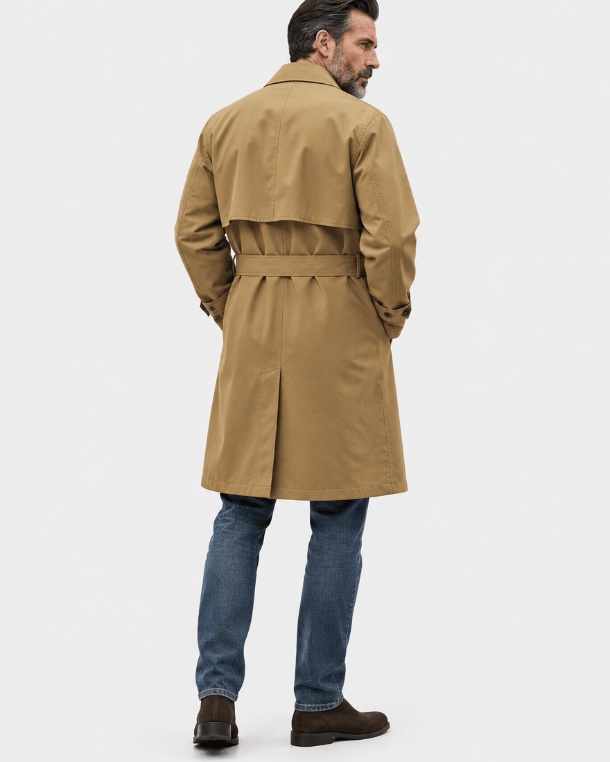 Back of the brown longline coat showing the storm flap, tied belt and center vent