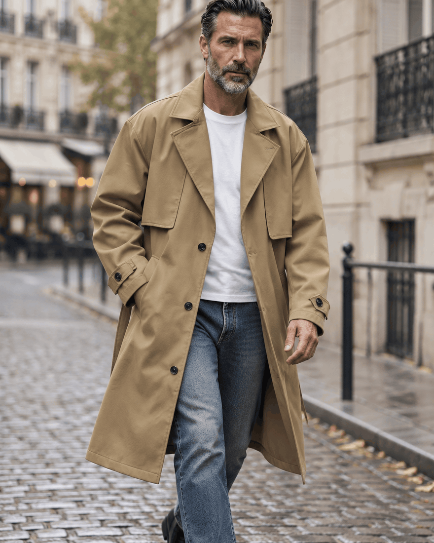 Man walking down a cobblestone street in a brown longline coat, white tee and blue jeans