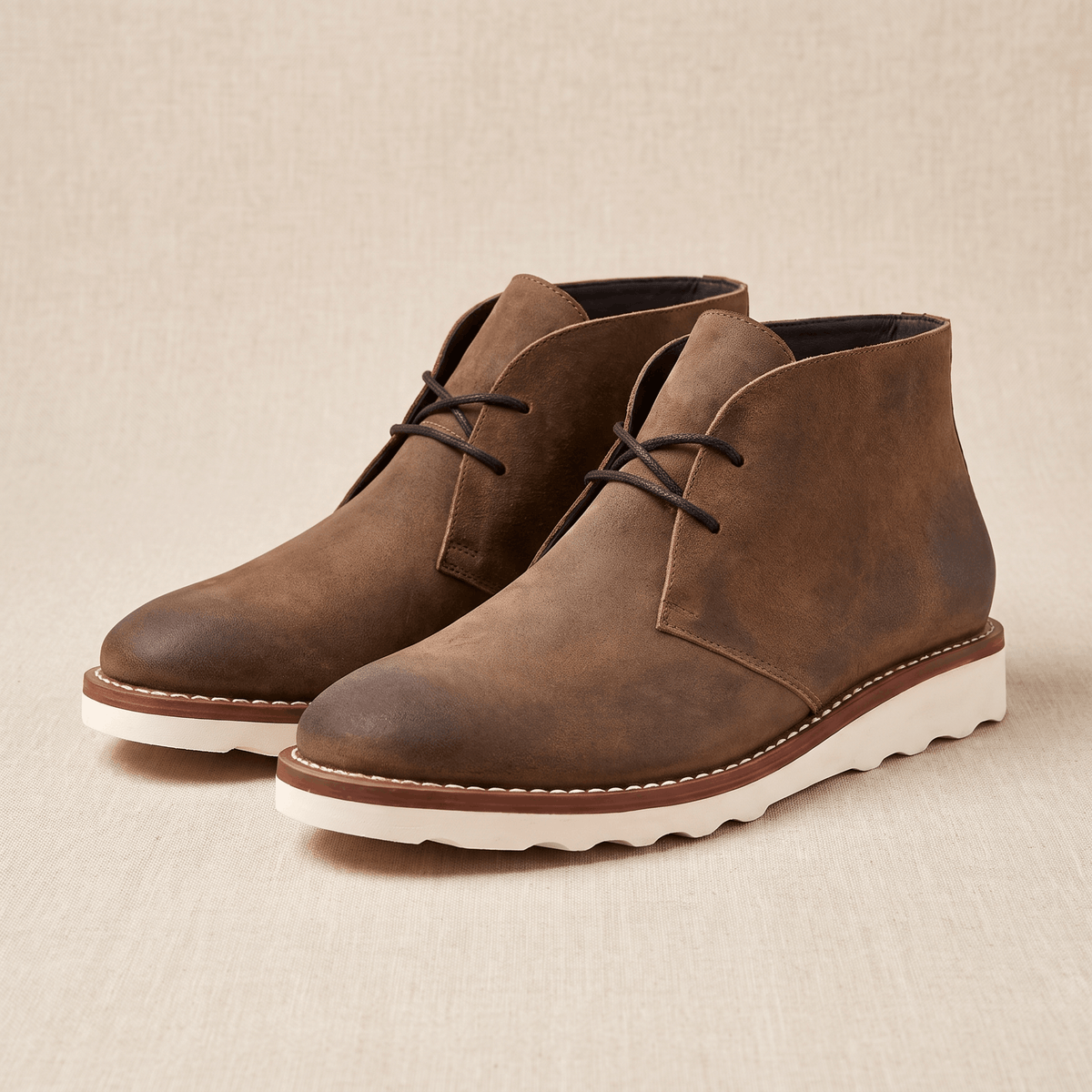 Pair of light brown two-eyelet chukka boots with chunky scalloped outsoles on a neutral background.