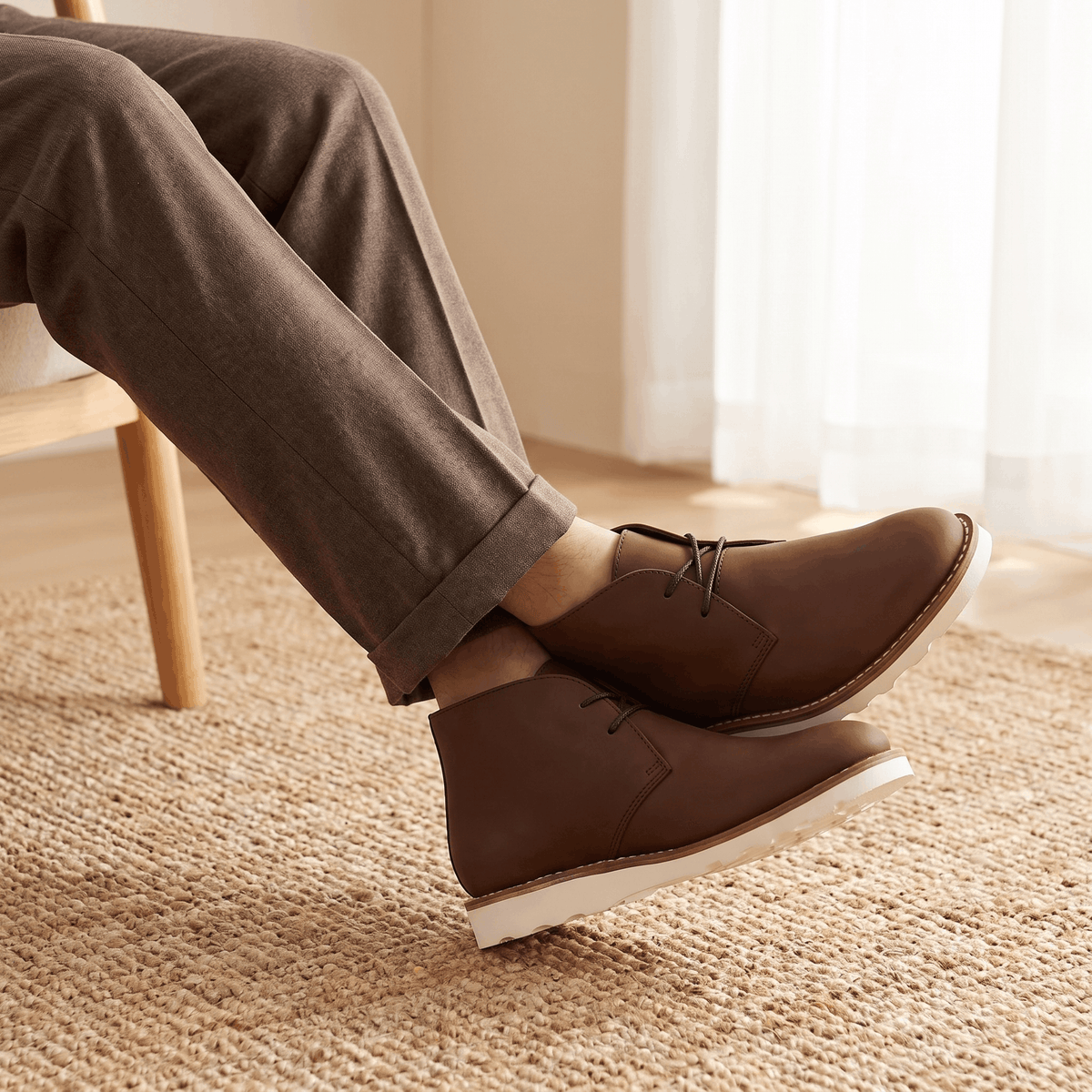 Light brown matte chukka boots with two-eyelet lacing worn with casual trousers.