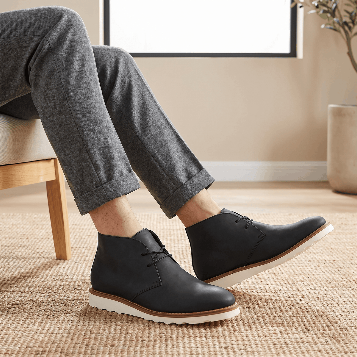 Black matte chukka boots with chunky scalloped outsoles worn with grey trousers.