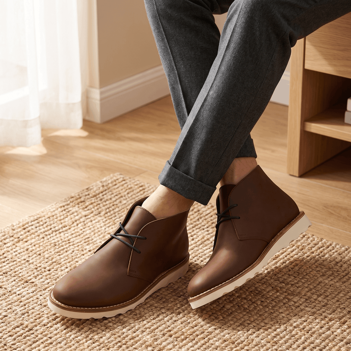 Two-eyelet chukka boot with a matte upper and a thick notched outsole.