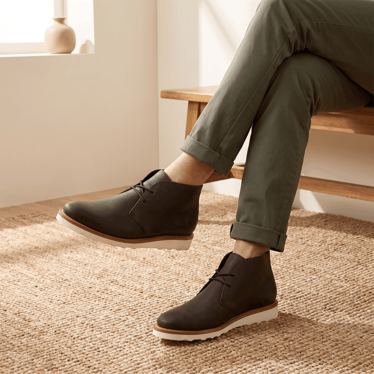 Plain-toe chukka boot with two-eyelet lacing and a thick rubber outsole.
