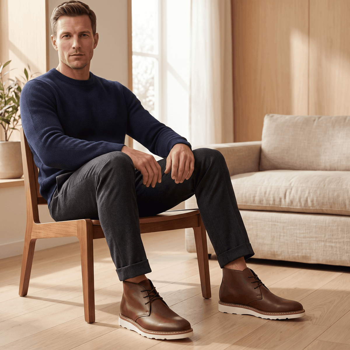 Scalloped outsole and short lace throat on a matte chukka boot for men.