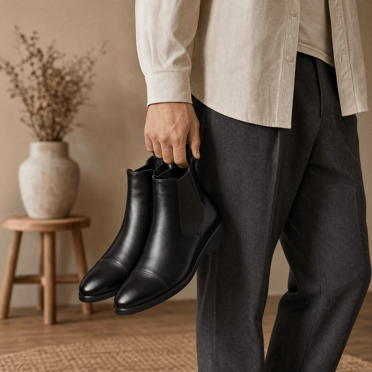 Black vegan leather cap toe Chelsea boots with elastic side gussets and a smooth grain finish held by hand.
