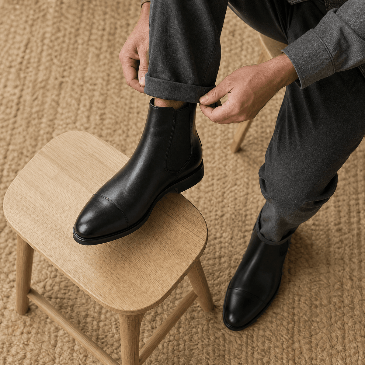 Black vegan leather cap toe Chelsea boots with elastic side gussets, worn with grey trousers.
