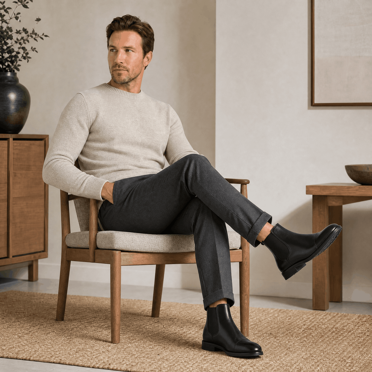 Black vegan leather cap toe Chelsea boots with a rubber outsole, worn with tailored trousers.