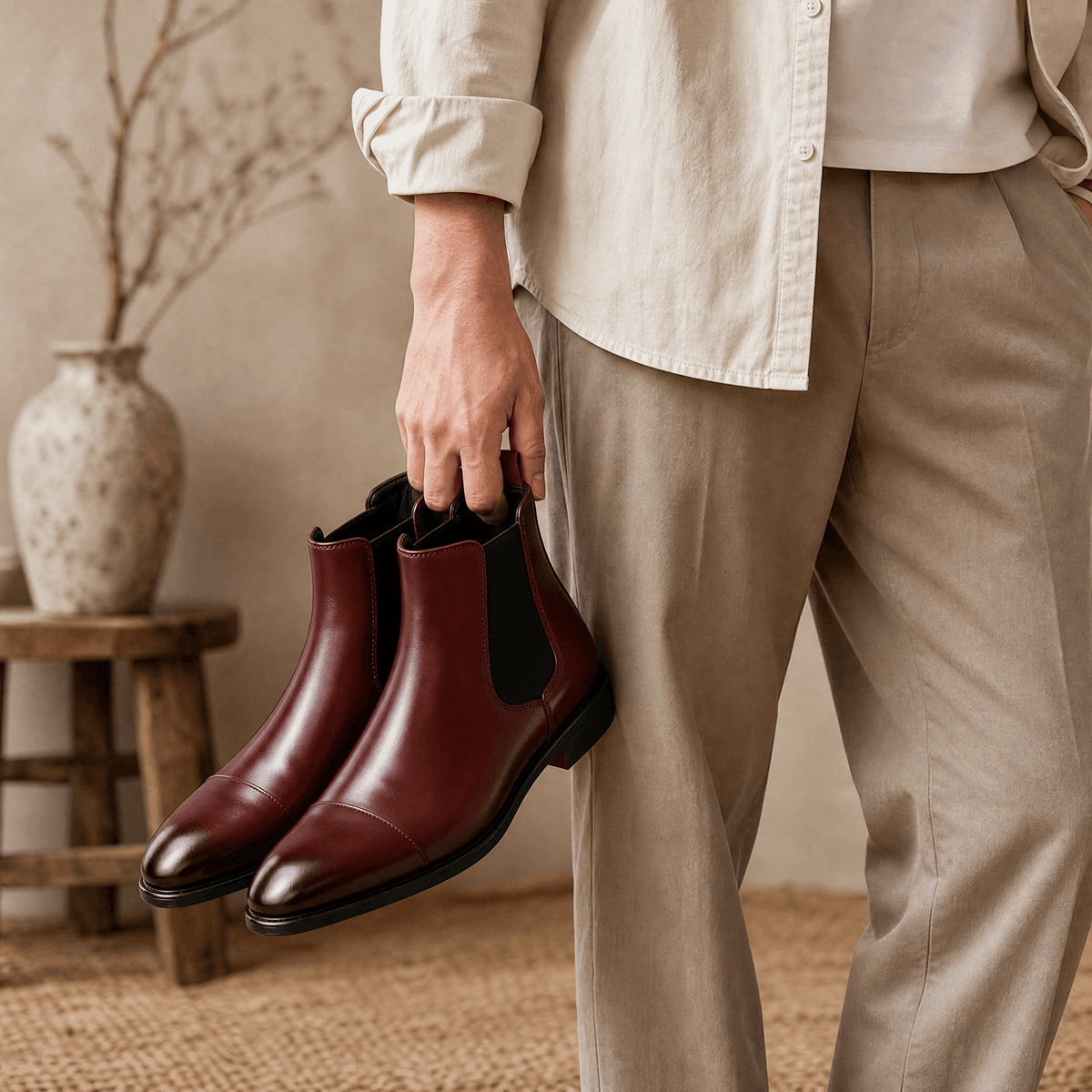 Brown vegan leather cap toe Chelsea boots with elastic side gussets, held by hand.