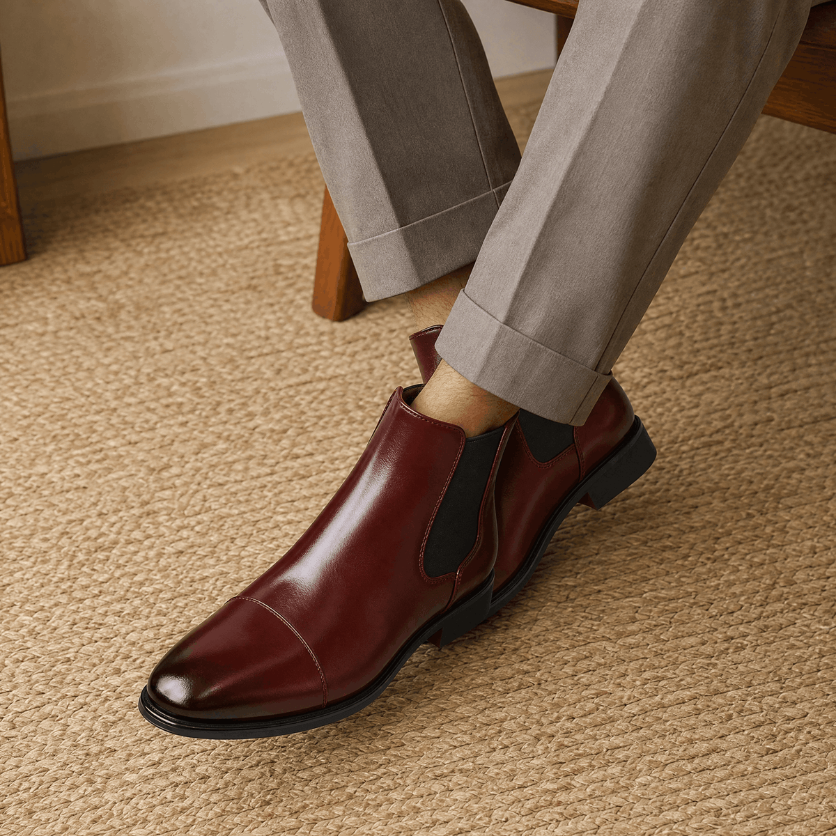Brown vegan leather cap toe Chelsea boots with black elastic side gussets and a rubber outsole.