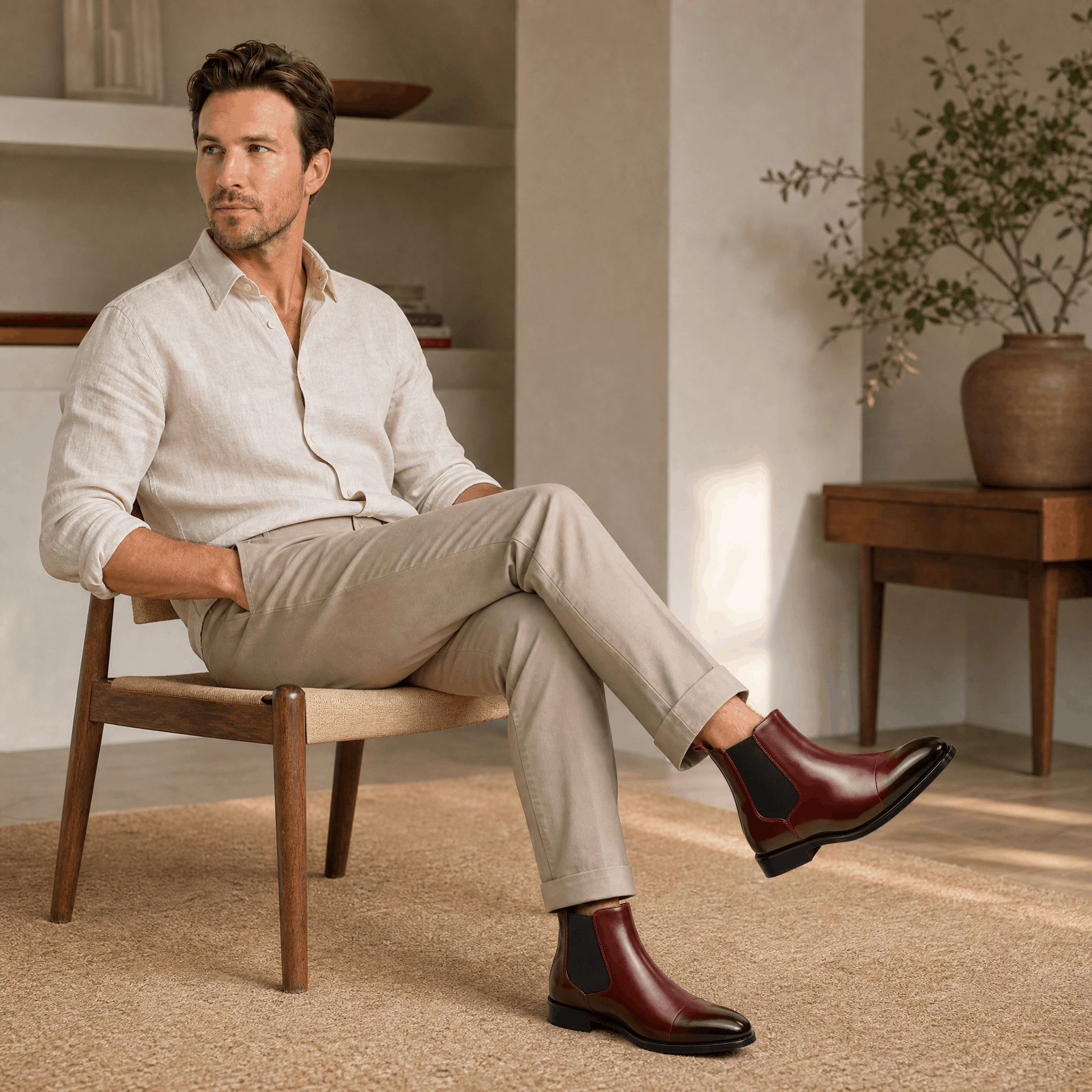 Brown vegan leather cap toe Chelsea boots with elastic side gussets, worn with tailored trousers.