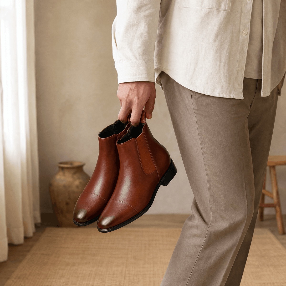 Brown vegan leather cap toe Chelsea boots with elastic side gussets and rear pull tabs held by hand.