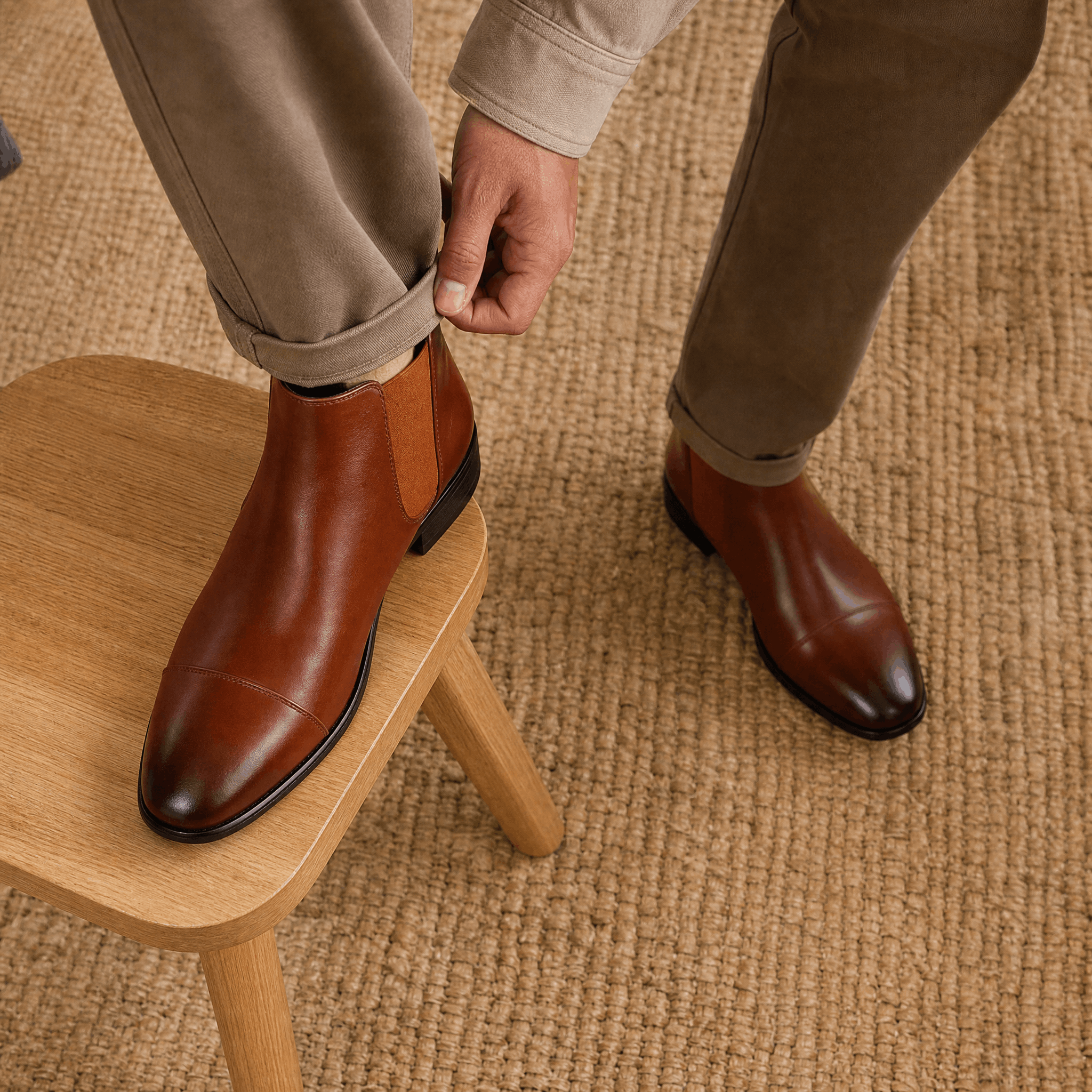 Brown vegan leather cap toe Chelsea boots with elastic side gussets, worn with cuffed trousers.