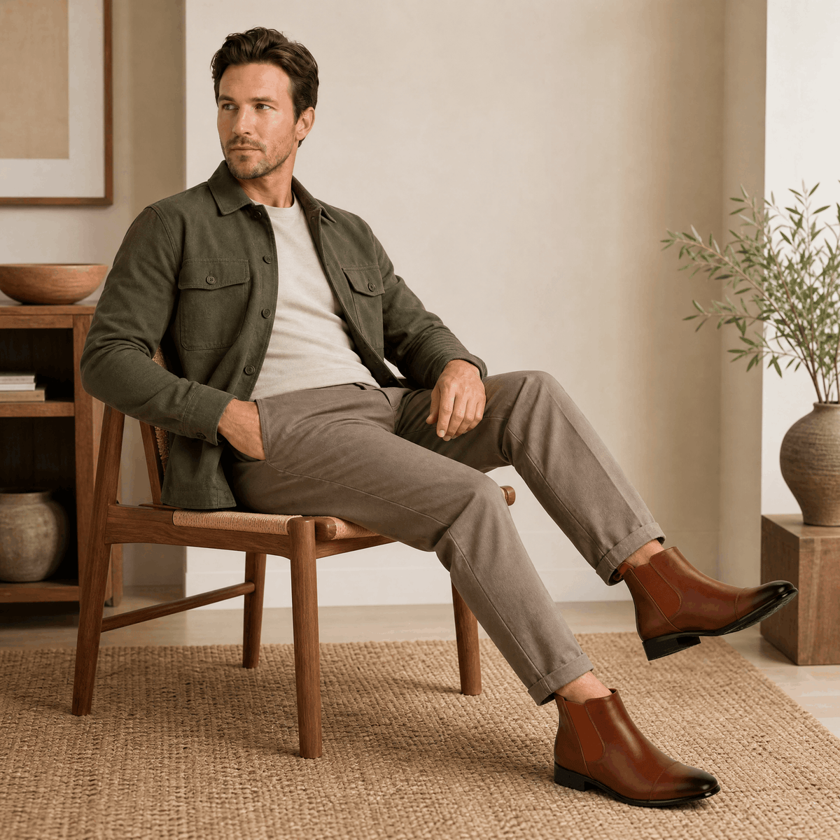 Brown vegan leather cap toe Chelsea boots with a rubber outsole, worn by a seated man.