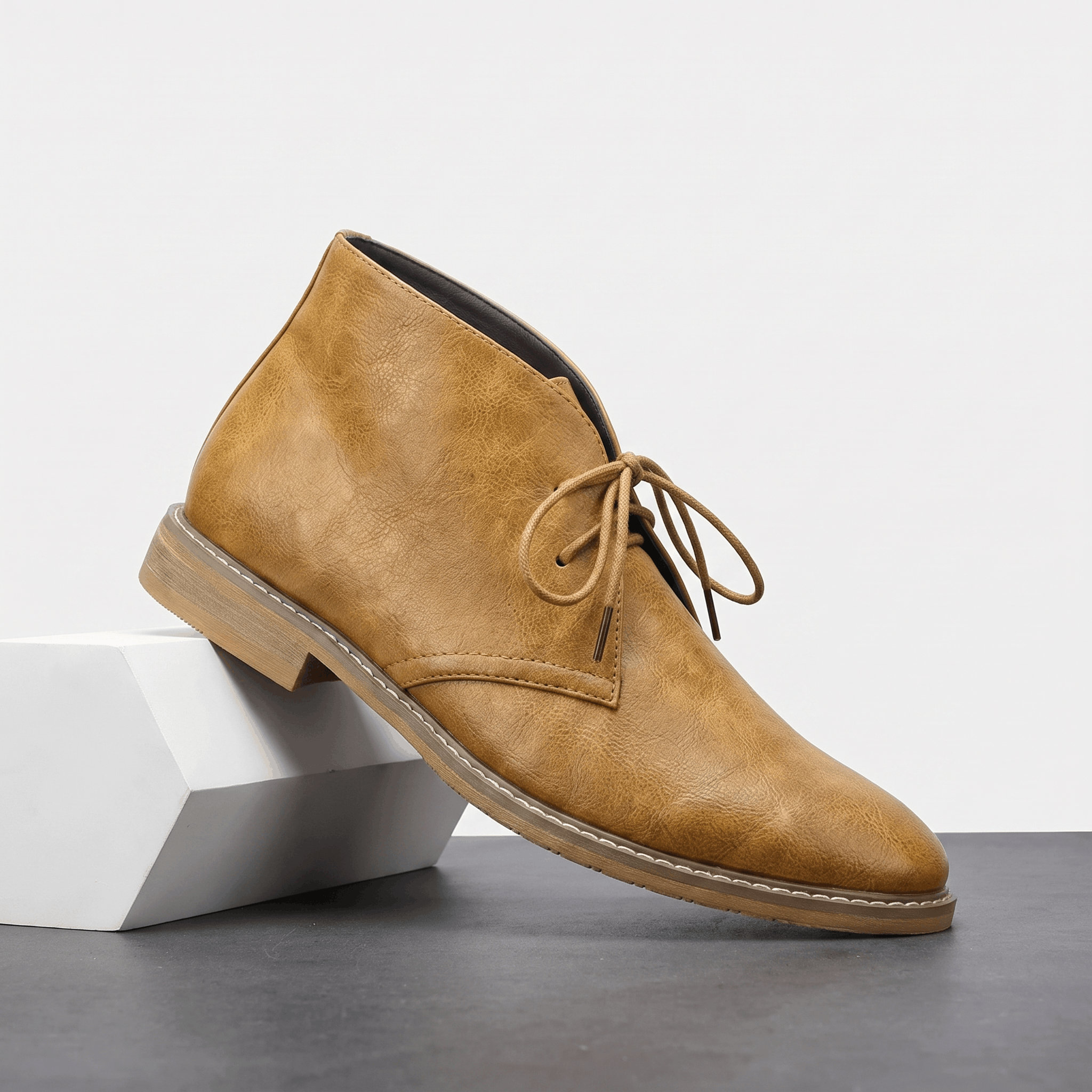 Light brown vegan leather lace-up chukka boot with three-eyelet lacing and a lug sole.