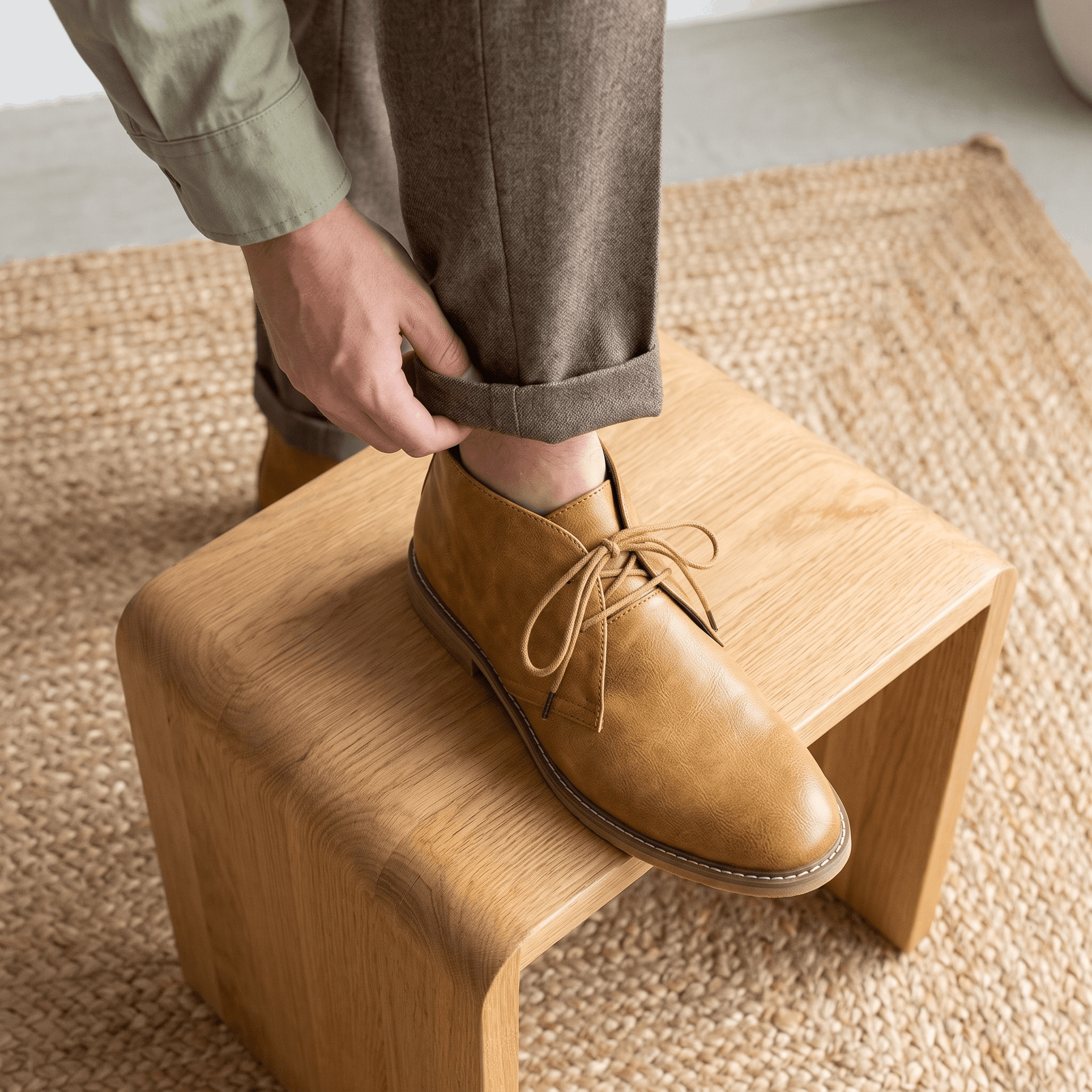 Light brown vegan leather chukka boot worn with beige trousers indoors.