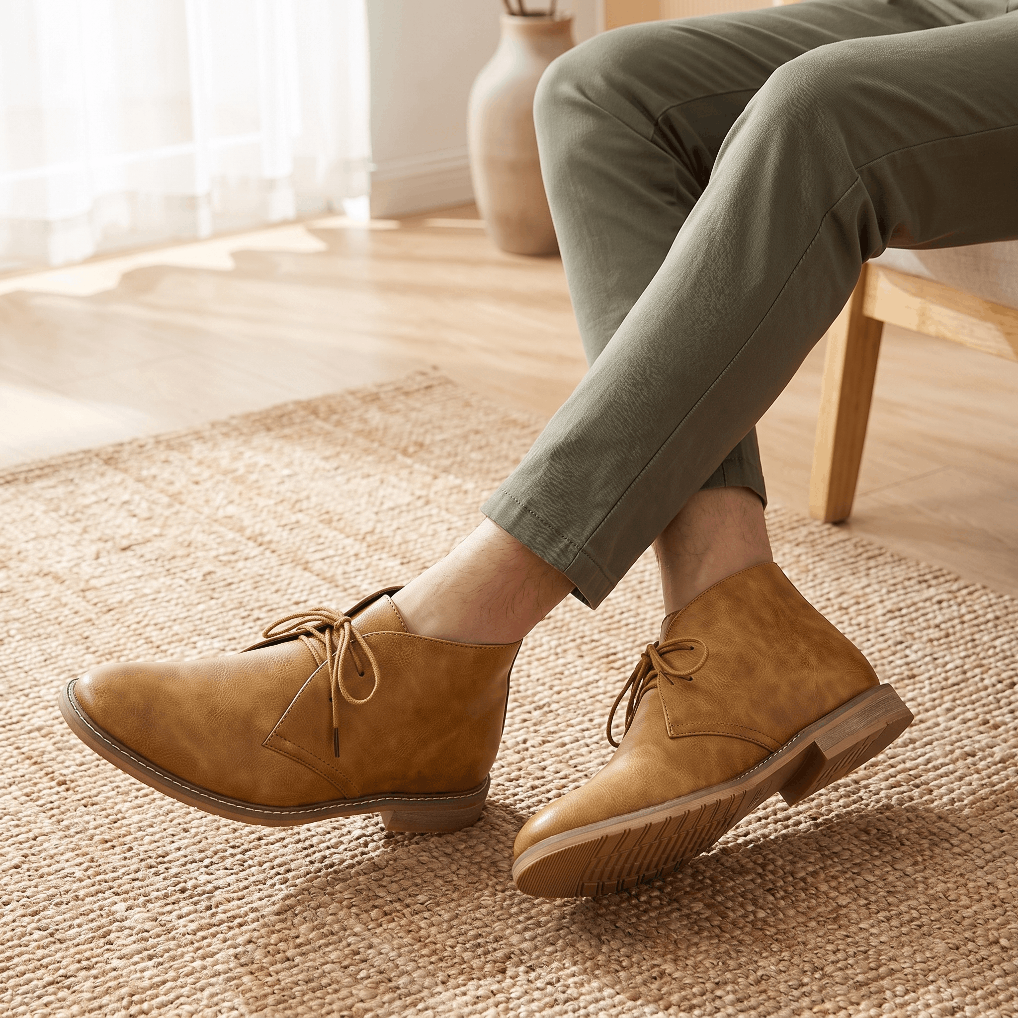 Man seated indoors wearing light brown vegan leather chukka boots with beige trousers.