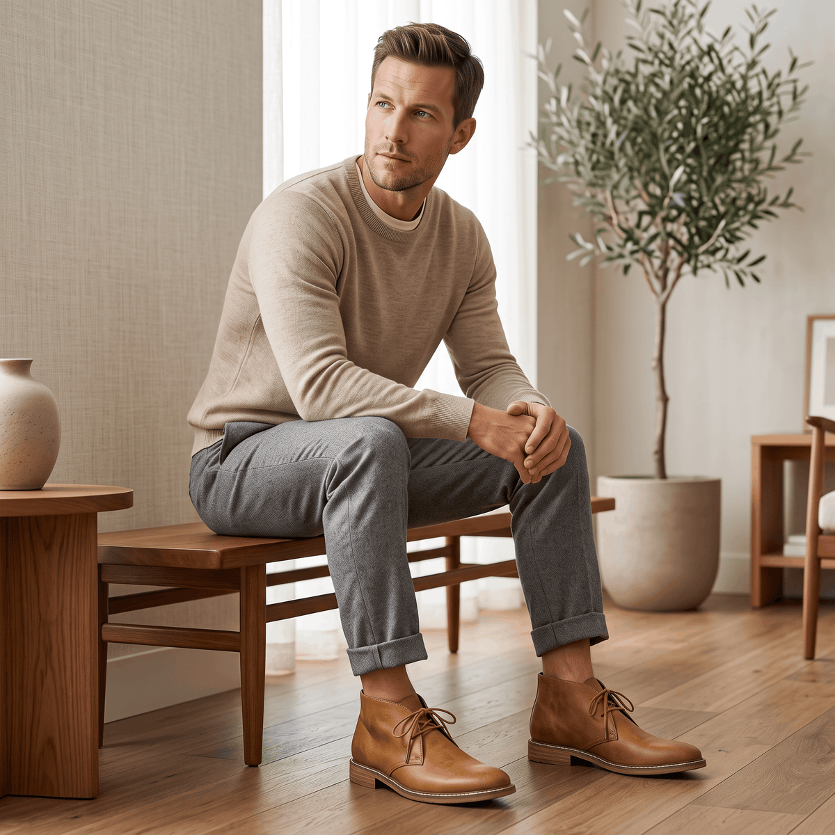 Man seated wearing light brown vegan leather chukka boots with beige trousers.
