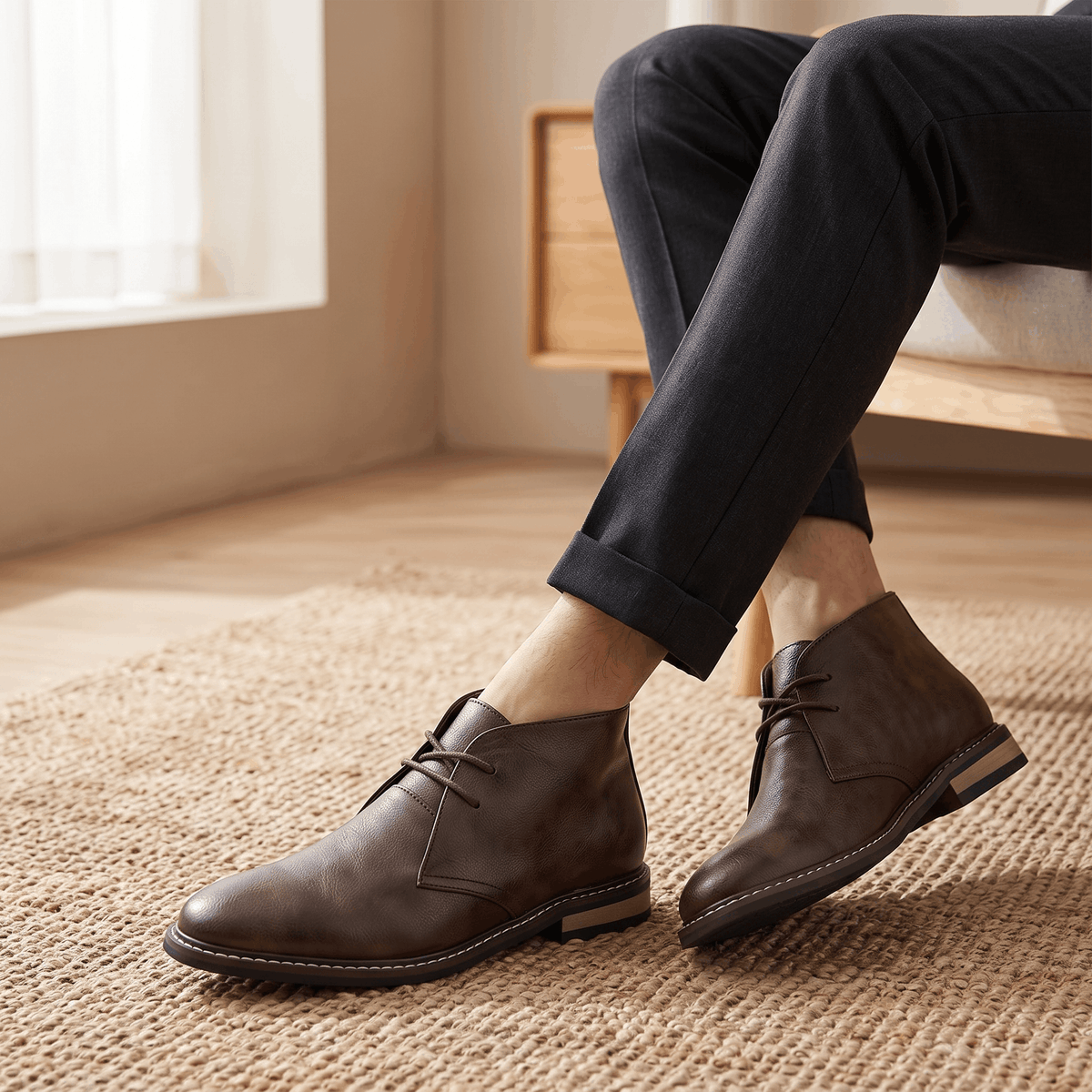 Brown vegan leather chukka boots worn with dark trousers indoors.