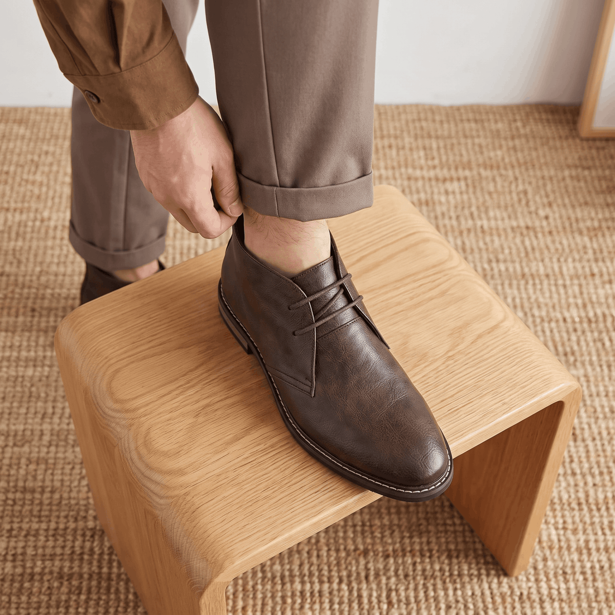 Brown vegan leather chukka boot being put on while seated.