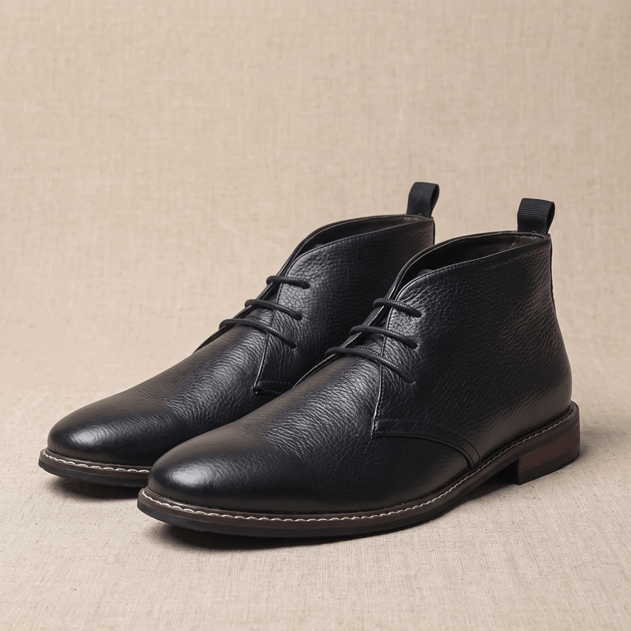 Black vegan leather chukka boot with three-eyelet lacing, displayed on a white pedestal.