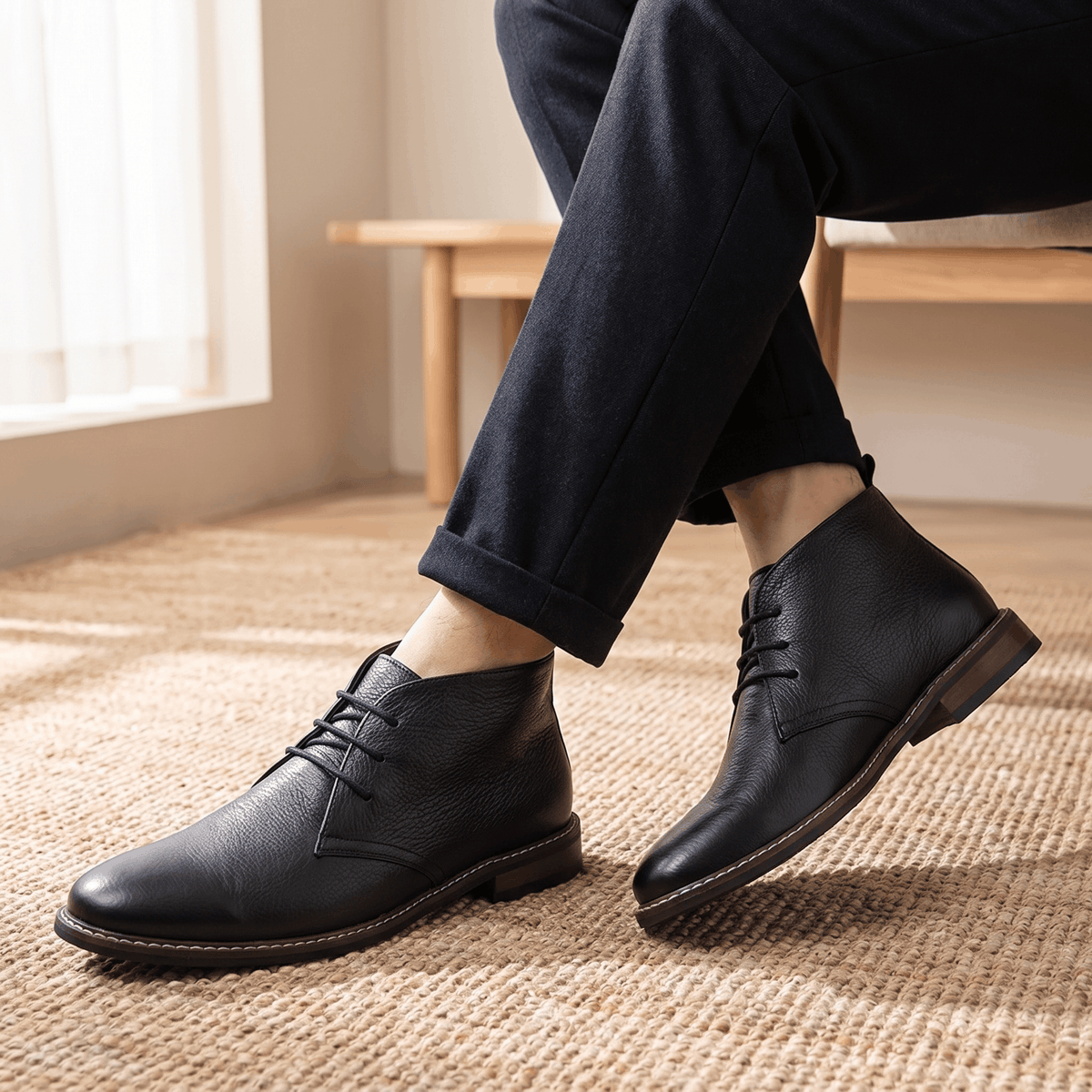 Pair of black vegan leather chukka boots displayed on a neutral background.